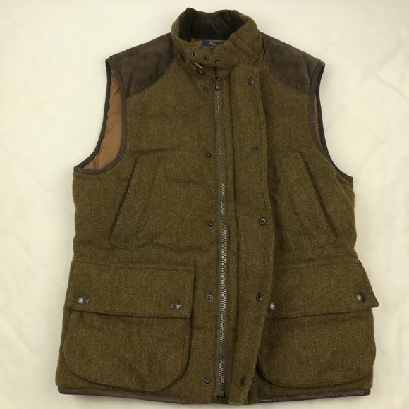 Polo Ralph Lauren Tweed Wool Down Hunting Vest Jacket Suede - Picture 2 of 8